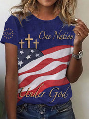 Women's One Nation Under God 1776 Faith Cross Print O-Neck T-Shirt