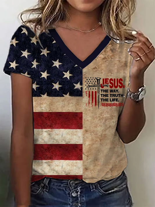 Women's Jesus The Way The Truth The Life Vintage Flag Print V Neck T-Shirt