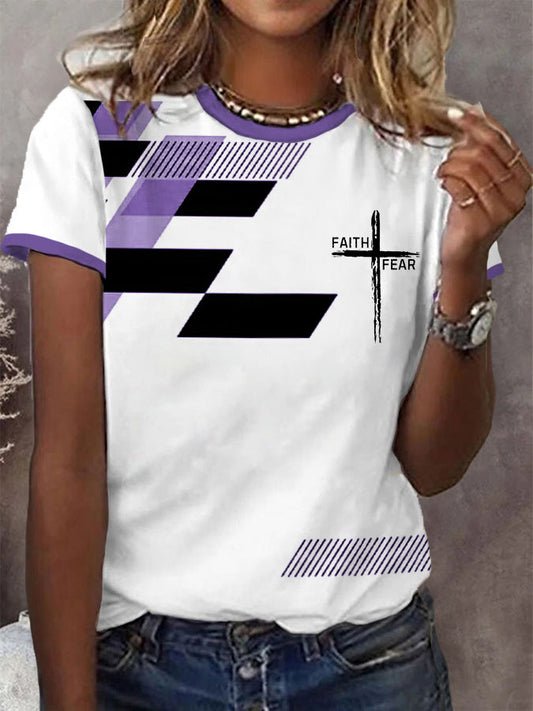 Women's Faith Over Fear Cross Faith Geometric Print Casual Tee