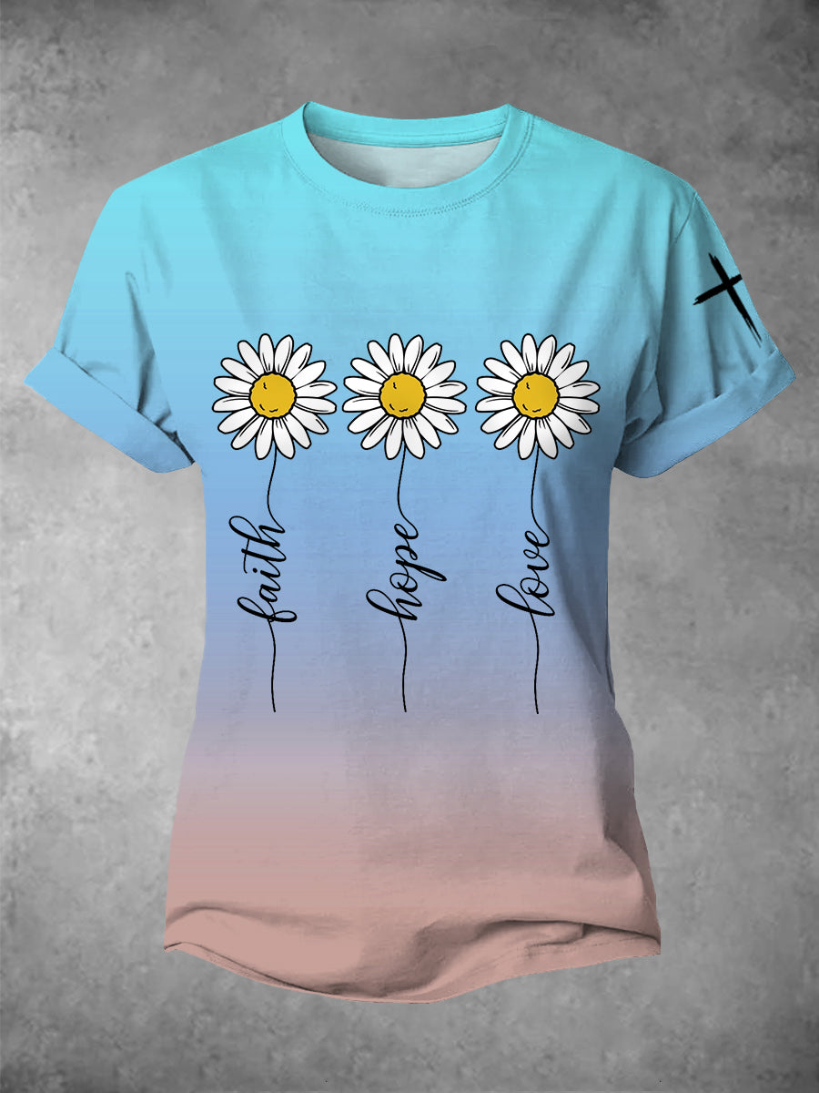 Women's Faith Hope Love Daisy Gradient Print Casual Tee