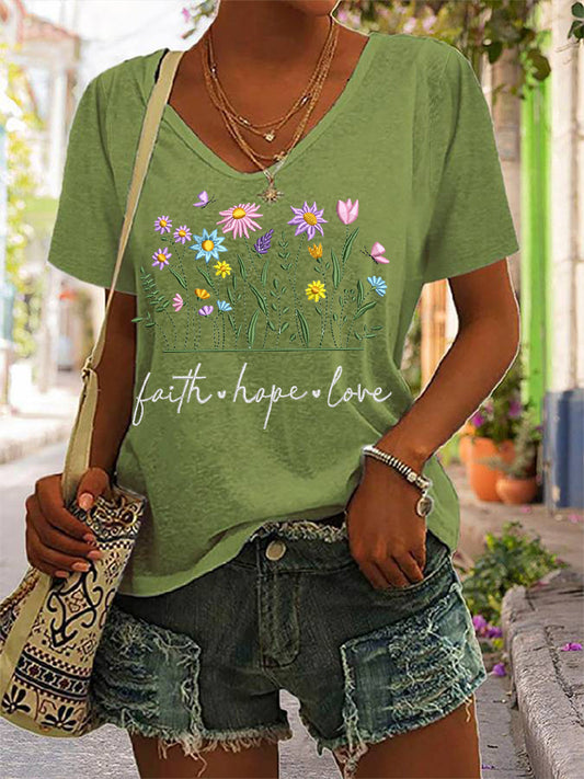 Women's Floral Faith Hope Love Print Casual V-Neck Tee