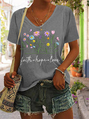 Women's Floral Faith Hope Love Print Casual V-Neck Tee