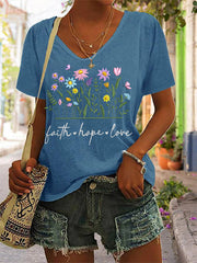 Women's Floral Faith Hope Love Print Casual V-Neck Tee