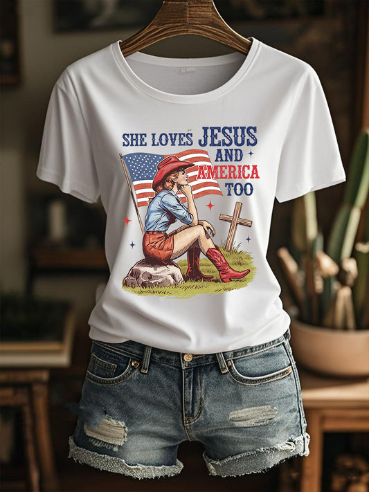 Women's She Loves Jesus And America Too Short Sleeve T-Shirt