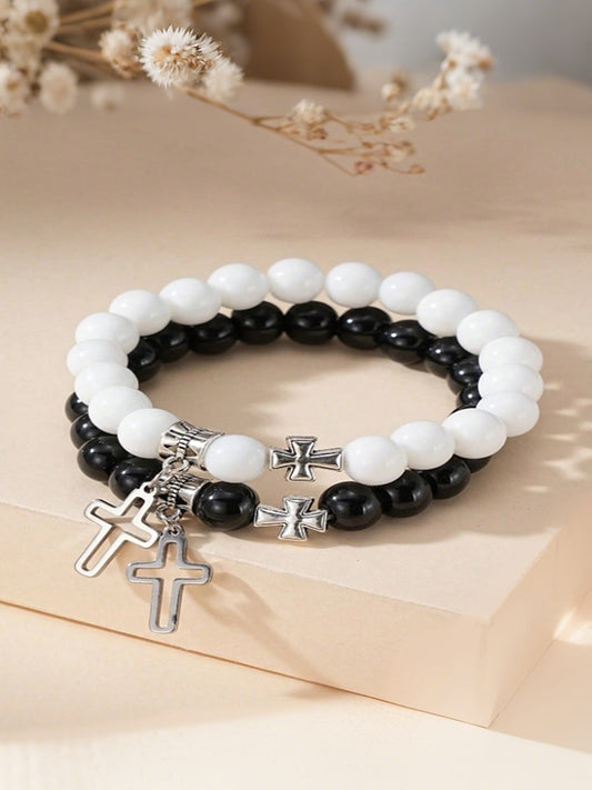 Unisex Couple's Cross Glass Beaded Bracelet Set