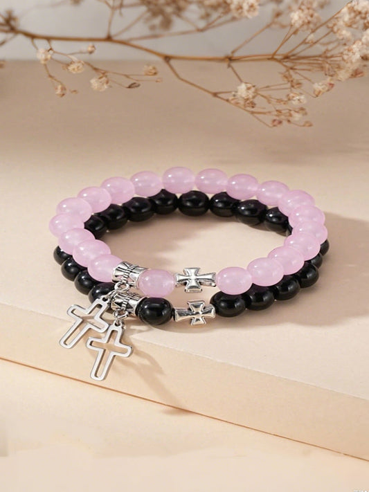 Unisex Couple's Cross Glass Beaded Bracelet Set