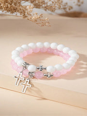 Unisex Couple's Cross Glass Beaded Bracelet Set