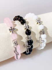 Unisex Couple's Cross Glass Beaded Bracelet Set
