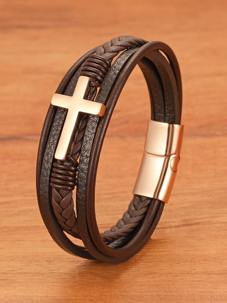 Men's Vintage Cross Multi-Layer Leather Bracelet