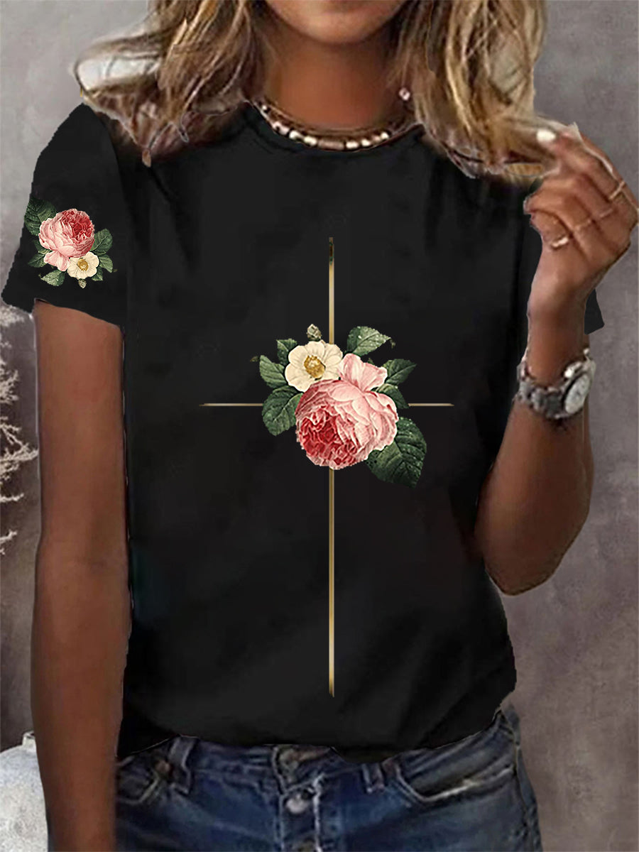 Women's Faith Cross Flowers Short Sleeve T-Shirt