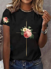 Women's Faith Cross Flowers Short Sleeve T-Shirt
