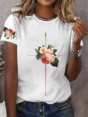 Women's Faith Cross Flowers Short Sleeve T-Shirt