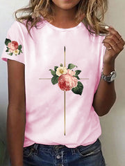 Women's Faith Cross Flowers Short Sleeve T-Shirt