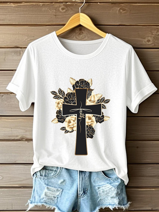 Women's Faith Cross Flowers Short Sleeve T-Shirt