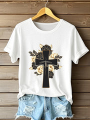 Women's Faith Cross Flowers Short Sleeve T-Shirt