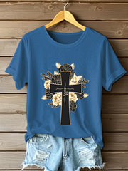 Women's Faith Cross Flowers Short Sleeve T-Shirt