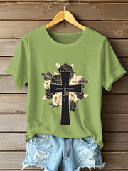 Women's Faith Cross Flowers Short Sleeve T-Shirt