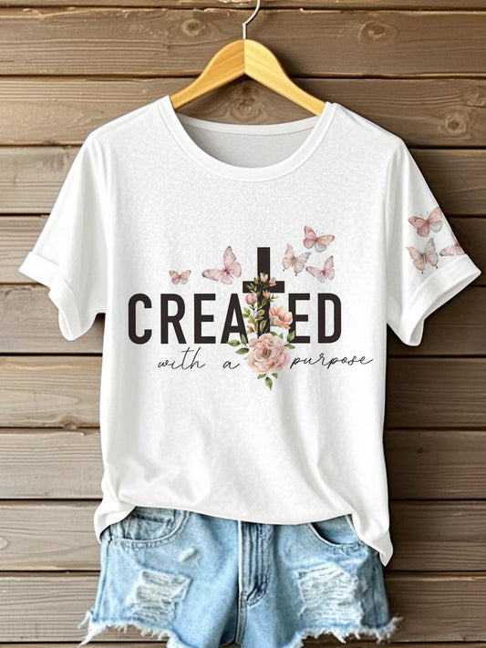 Women's Created With A Purpose Faith Cross Flowers Short Sleeve T-Shirt