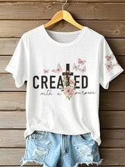 Women's Created With A Purpose Faith Cross Flowers Short Sleeve T-Shirt