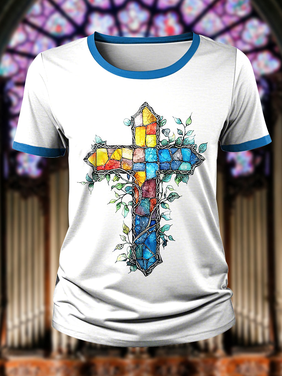 Women's Faith Art Glass Cross Print T-shirt