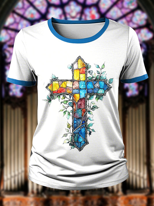Women's Faith Art Glass Cross Print T-shirt