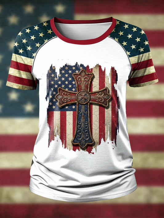 Women's American Flag Cross Print T-Shirt