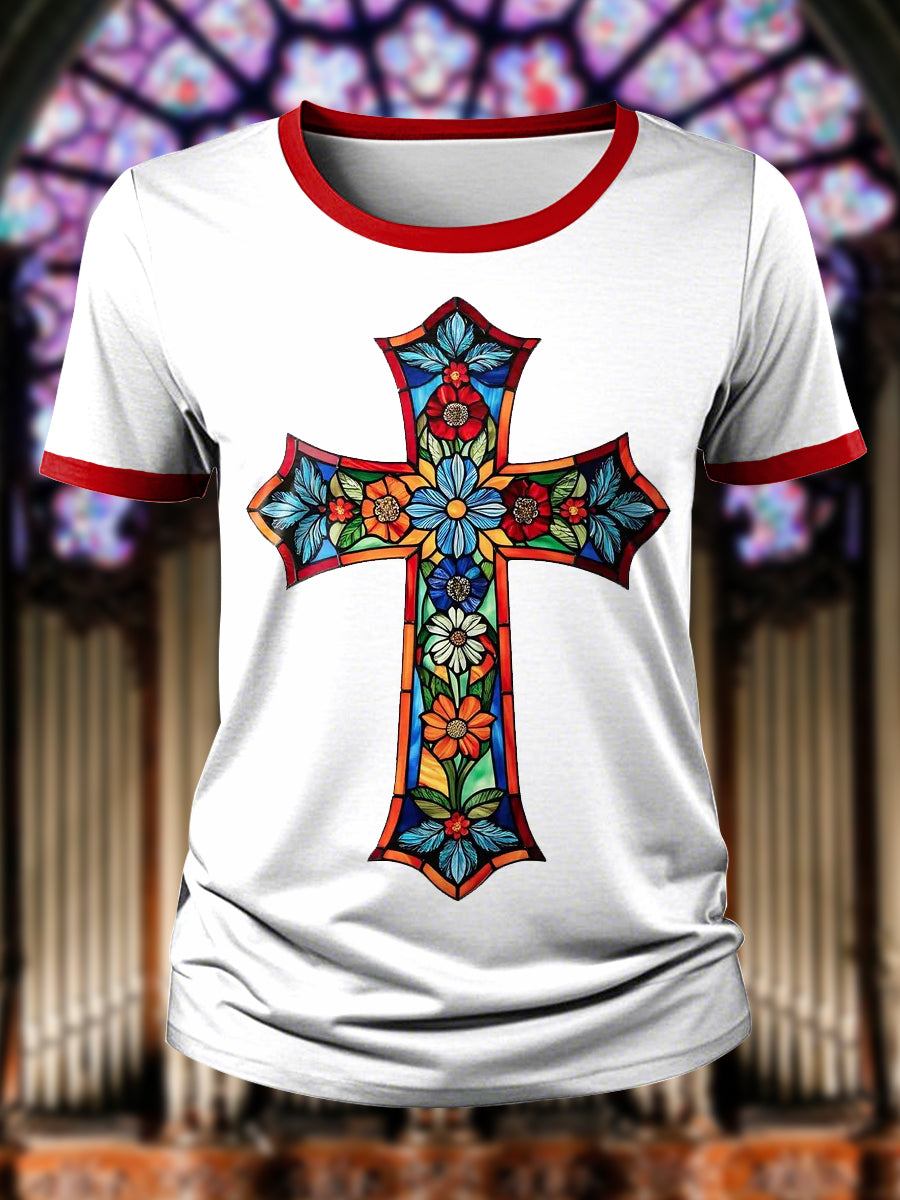 Women's Faith Art Glass Cross Print T-shirt