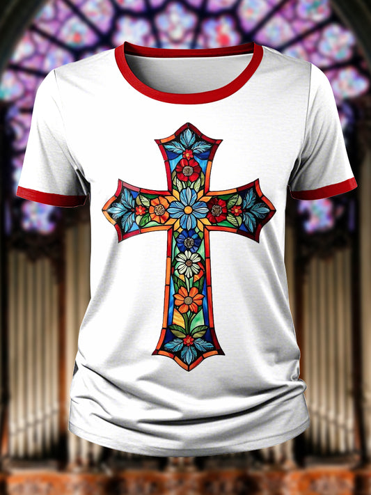 Women's Faith Art Glass Cross Print T-shirt