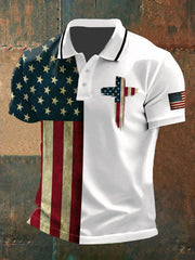 Men's American Flag Faith Cross Lapel T-Shirt