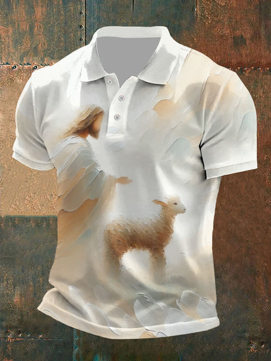 Men's Parable Of The Lost Sheep, Jesus Leaves The 99 Print Button T-Shirt