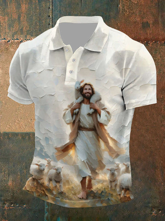 Men's Parable Of The Lost Sheep, Jesus Leaves The 99 Print Button T-Shirt