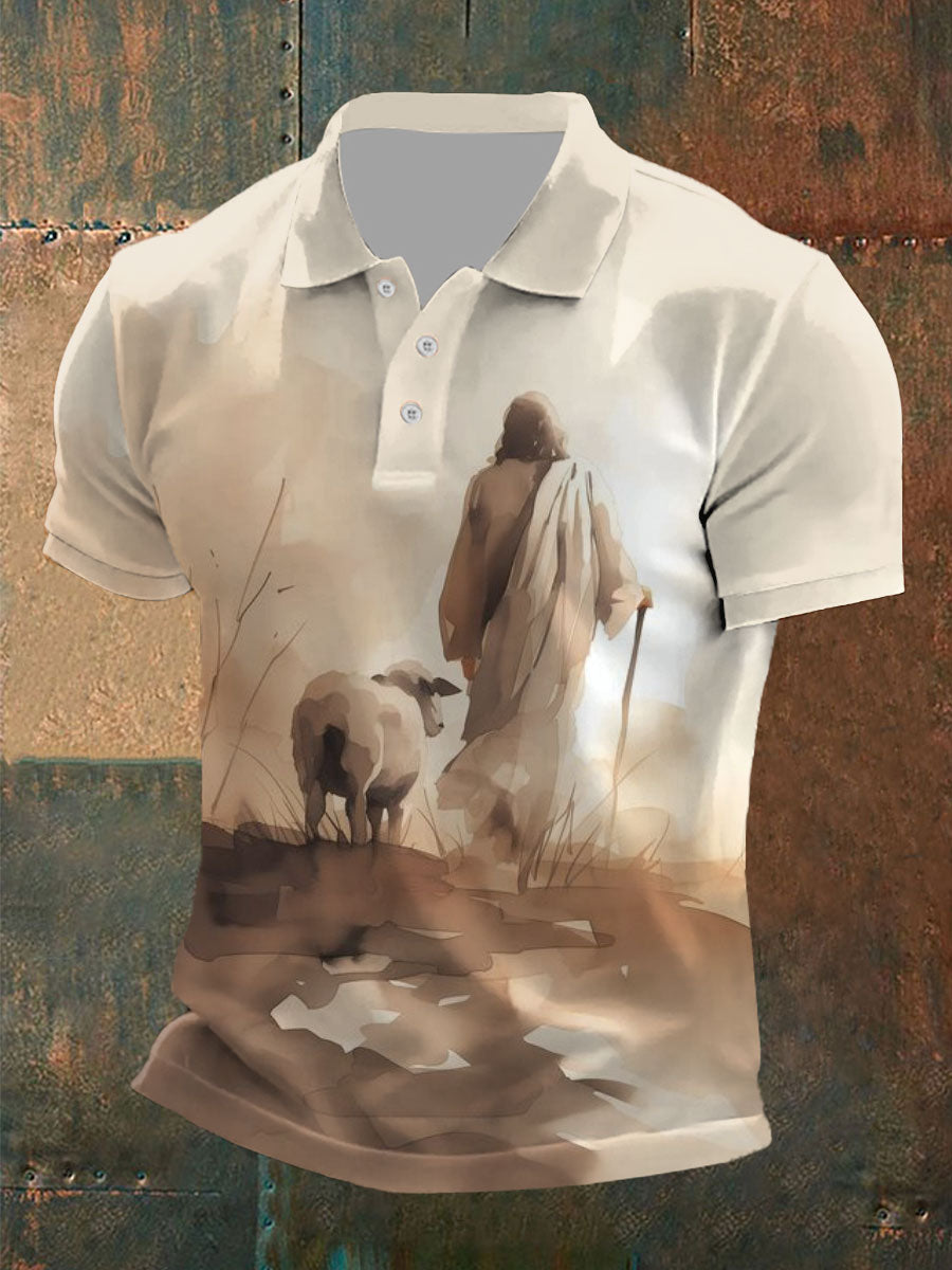 Men's Parable Of The Lost Sheep, Jesus Leaves The 99 Print Button T-Shirt