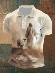 Men's Parable Of The Lost Sheep, Jesus Leaves The 99 Print Button T-Shirt