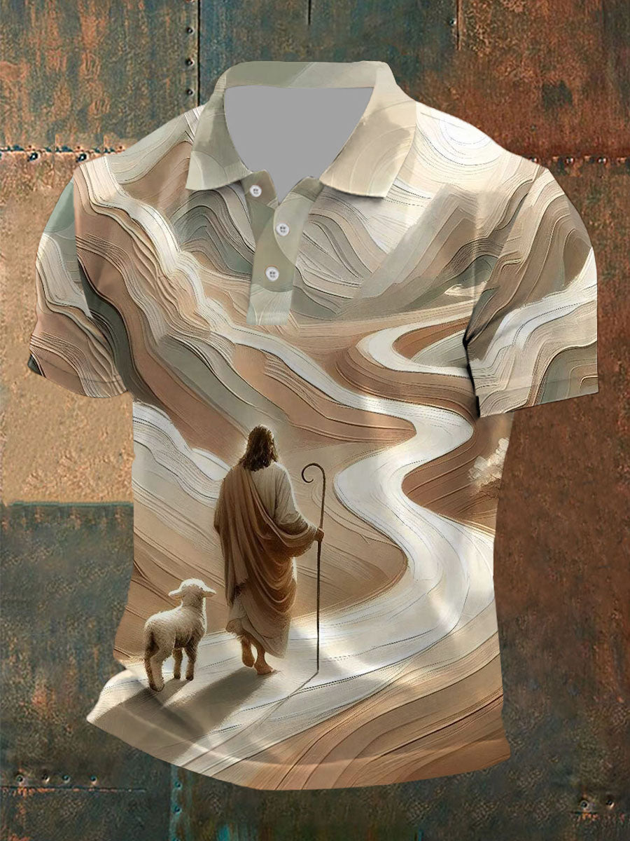 Men's Parable Of The Lost Sheep, Jesus Leaves The 99 Print Button T-Shirt