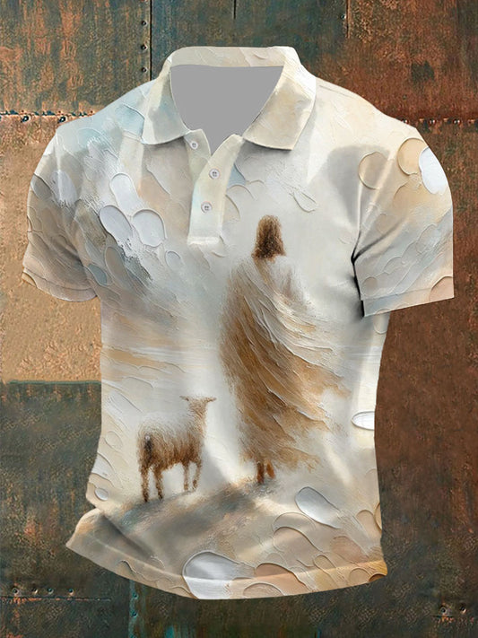 Men's Parable Of The Lost Sheep, Jesus Leaves The 99 Print Button T-Shirt