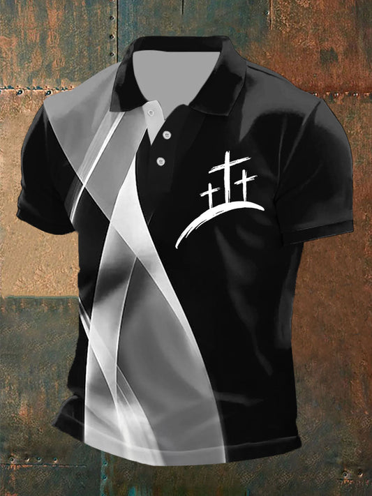 Men's Faith Cross Printed Casual Button T-Shirt