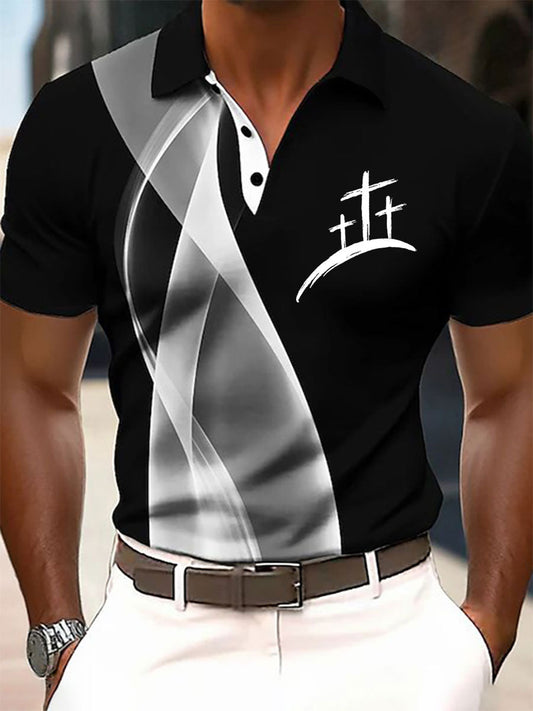 Men's Faith Cross Printed Casual Button T-Shirt