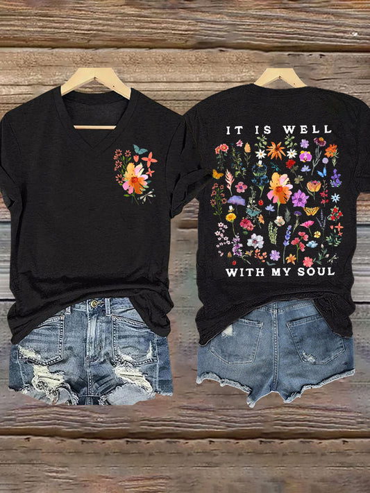 Women's It is Well With My Soul Floral V-Neck T-Shirt