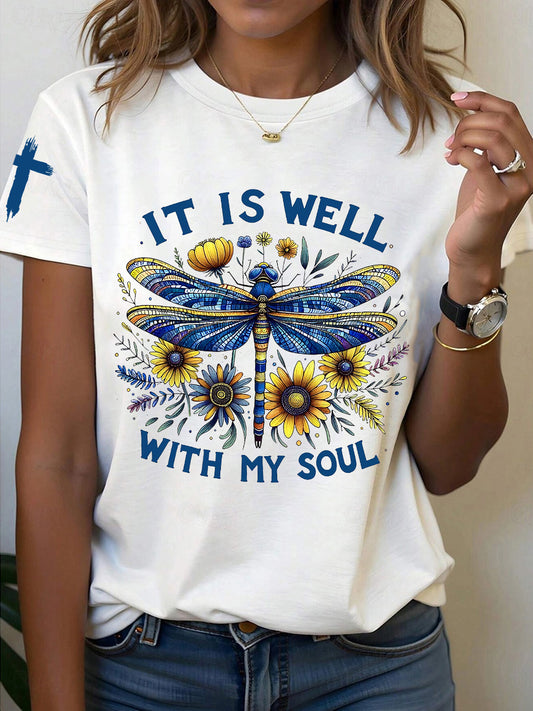 Women's It is Well With My Soul Floral Dragonfly Print T-Shirt