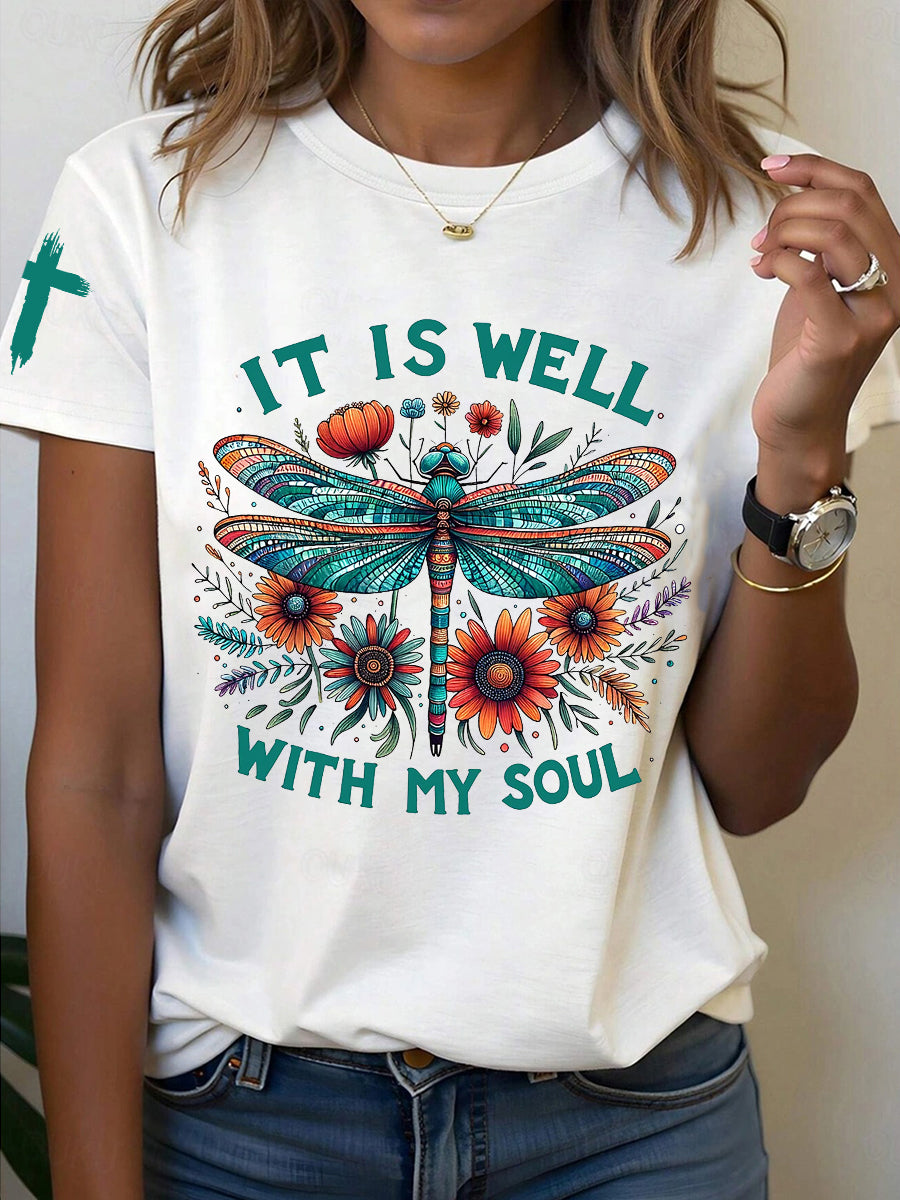 Women's It is Well With My Soul Floral Dragonfly Print T-Shirt