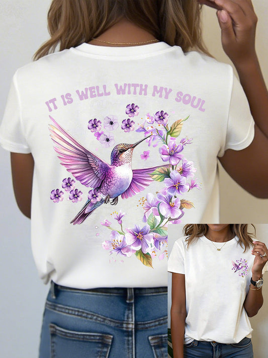 Women's It is Well With My Soul Floral Hummingbird Print T-Shirt