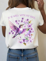 Women's It is Well With My Soul Floral Hummingbird Print T-Shirt