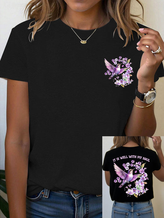 Women's It is Well With My Soul Floral Hummingbird Print T-Shirt