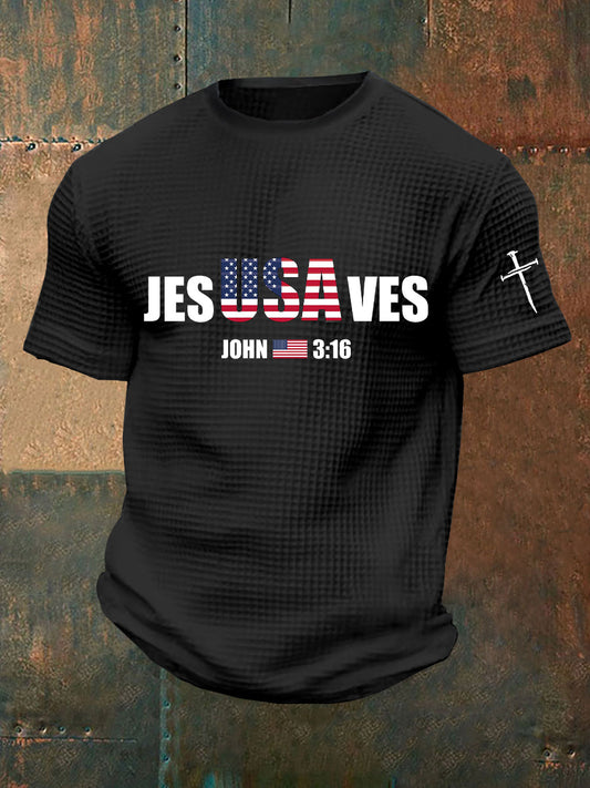 Men's Jesus Saves USA Waffle Print Casual T-Shirt