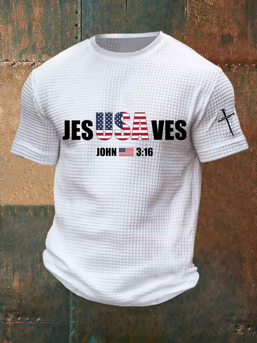 Men's Jesus Saves USA Waffle Print Casual T-Shirt