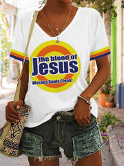 Women's The Blood Of Jesus Washes Souls Clean Casual V-Neck Tee