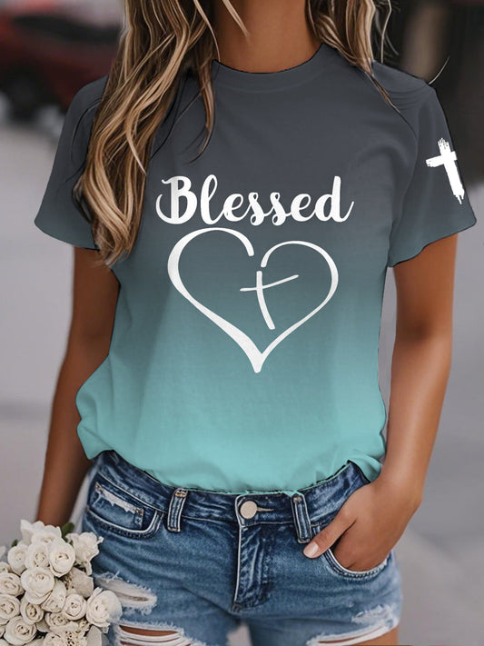 Women's Blessed Love Heart Gradient Print Casual Tee