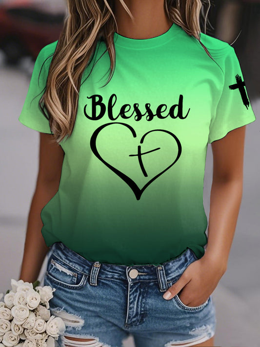 Women's Blessed Love Heart Gradient Print Casual Tee