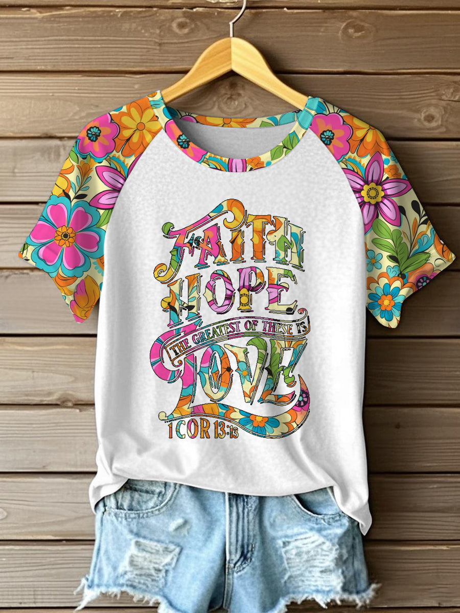 Women's Faith Hope Love Floral Print Casual Tee