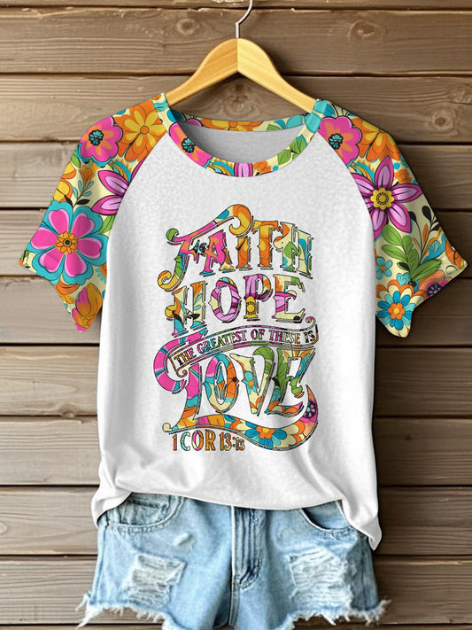 Women's Faith Hope Love Floral Print Casual Tee